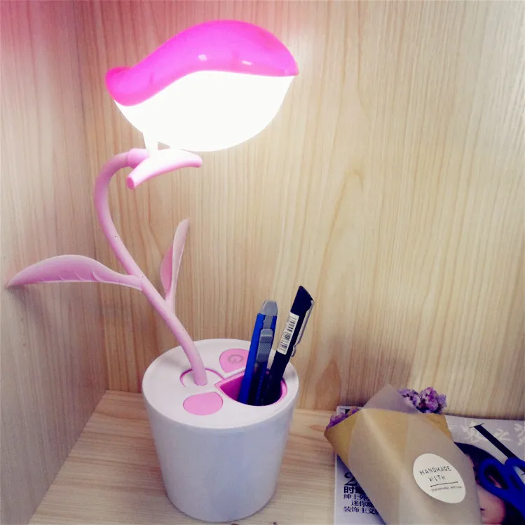 Kawaii Sapling Bird Ночной светильник, перезаряжаемая Светодиодная настольная лампа, держатель для ручек, настольные лампы, Детский Светильник для чтения с защитой глаз, украшение для дома - Испускаемый цвет: Pink