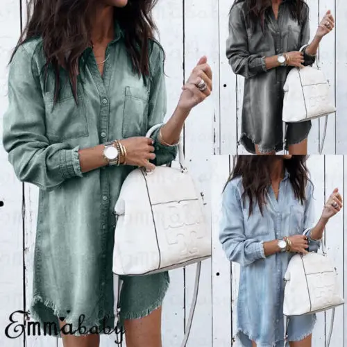 

New Womens Long Sleeve Casual Loose Mini Dress Vestidos Ladies V-Neck Pockets Jeans Denim Dress Autumn Summer Sundress