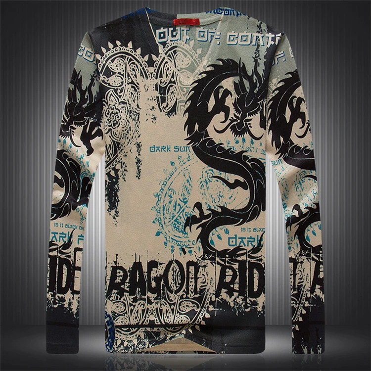 Футболка с длинным рукавом и цифровым принтом в китайском стиле с чернильным драконом Новинка года, качественная дышащая эксклюзивная футболка для мужчин