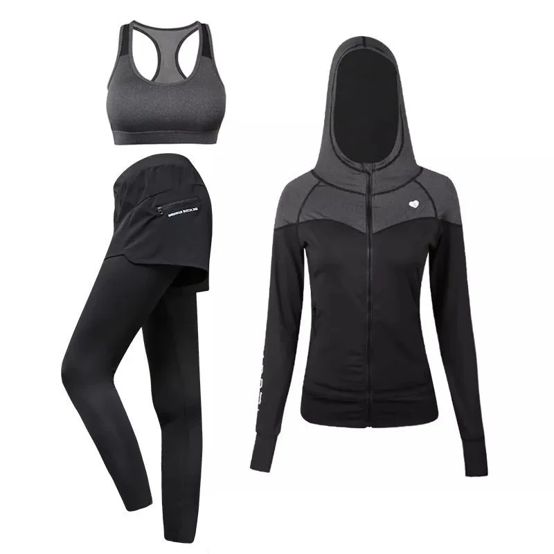Спортивная куртка+ бюстгальтер+ штаны, быстросохнущие дышащие костюмы для йоги для девочек, 3 в 1, костюм для бега, женский спортивный комплект для спортзала, бега, Осенний для женщин - Цвет: 02