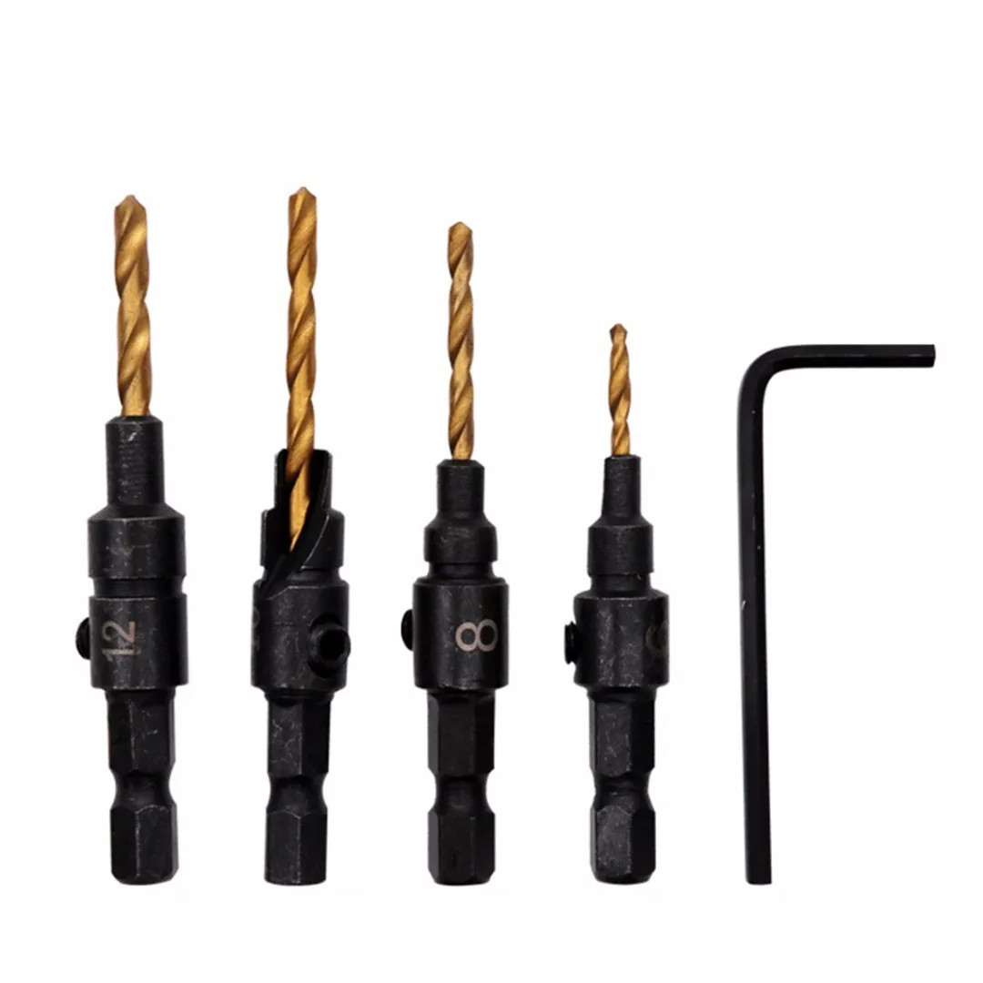 DWZ 4pcs  HSS  6~12mm Woodworking Countersink Chamfer Drill Bit Screw Set & Wrench
