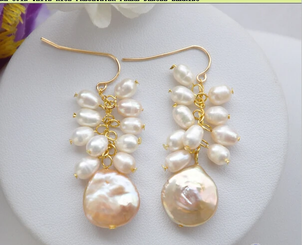 

Free shipping@@@@@ P4425 14MM PINK COIN WHITE RICE FRESHWATER PEARL DANGLE EARRING 6.09