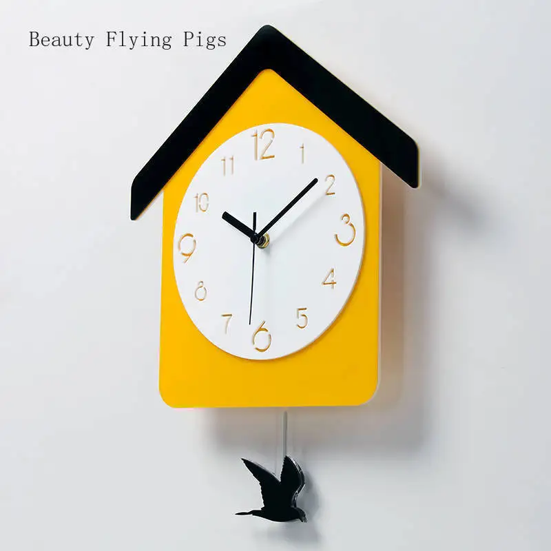 

1pcs creative foreign trade living room yellow house shape wall clock featured pollution-free acrylic mute digital clock