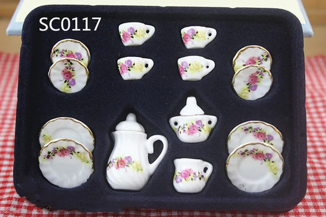 15Pcs 1/12 Dollhouse Miniature Accessories Mini Ceramics Tea Set Simulation Kettle Plate Cup Model Toys Doll House Decoration sc0117