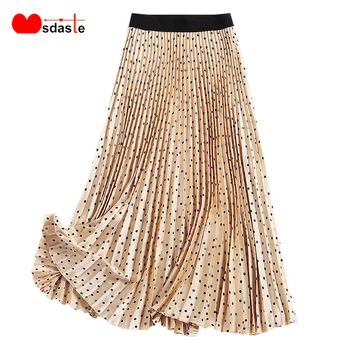 

Pleated Skirts Women 2019 Autumn Summer Dots Print Mid-calf Saia Faldas Mujer Moda Elastic High Waist A Line Casual Womens Skirt