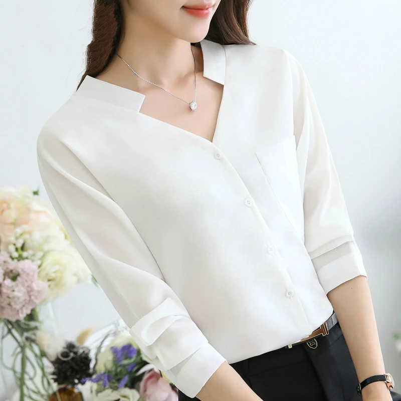 

2019 womens tops blouses v-neck white shirts long-sleeved chiffon loose Batwing Sleeve Solid shirts 2215 50
