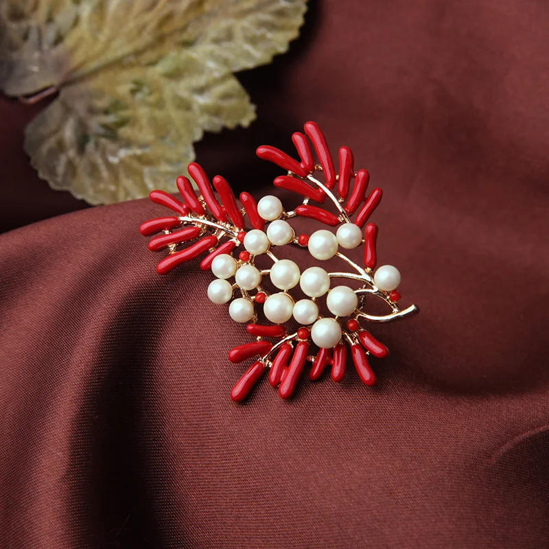 

Charming Enamel Created Pearl Red Branched Brooch Gold Color Ladies Chic Coat Pins Jewelry Accessories in box