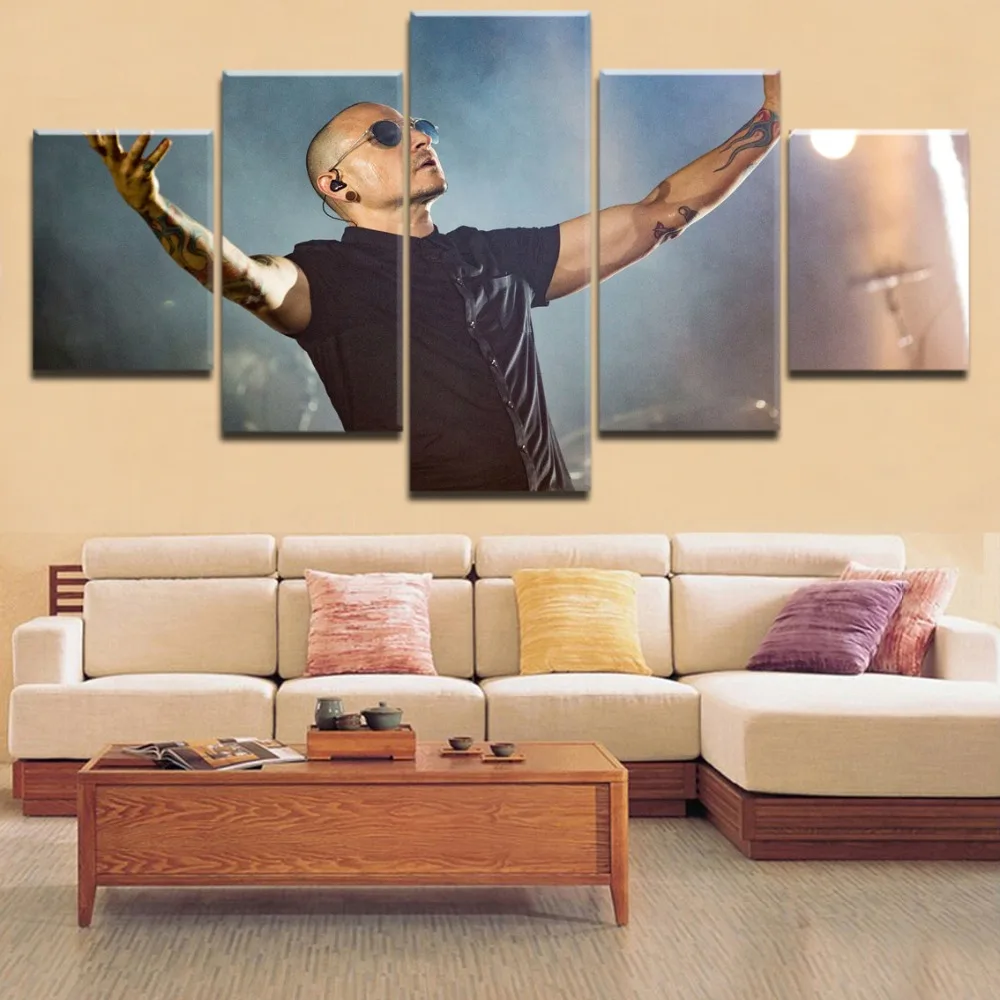 

Framework 5 Pieces HD Printing Canvas Painting Chester Bennington Poster Frontman Linkin Park For Modern Decor Living Room