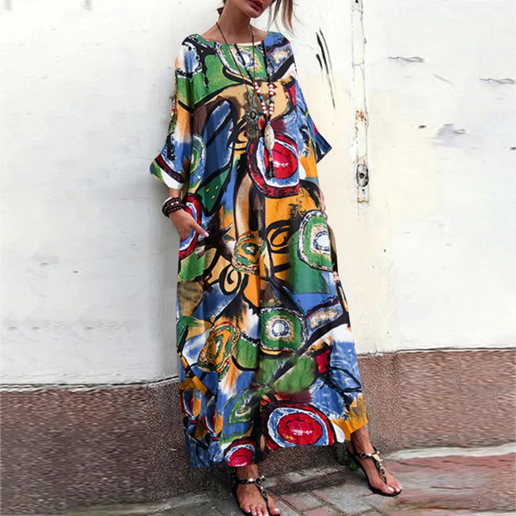 

Long Dress 2019 Autumn Fashion Bohmian Print Bat Sleeve Baggy Plus Size Women Maxi Dress with Pockets Vestidos De Festa Maxi