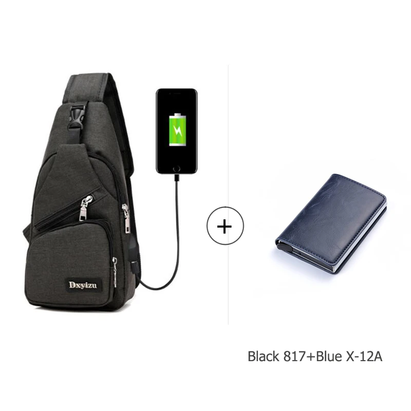 BISI GORO новая сумка набор кошелек и сумка набор RFID PU кожа алюминиевая коробка держатель карты полиэстер Повседневная нагрудная сумка для мужчин и женщин - Цвет: A1 Black Blue