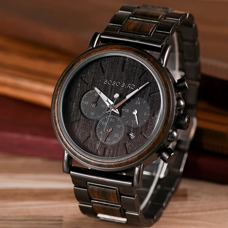 BOBO BIRD Luxury Brand Men Watch Relogio Masculino Wood & Stainless Steel Combined Chronograph Military Quartz Watches OEM