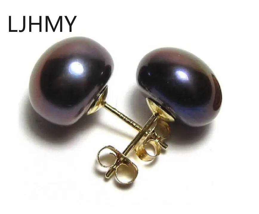 

Perfect 10-11mm Black Freshwater Pearl Half Round Stud Pearl Earring 14K Yellow Gold Earrings for Women