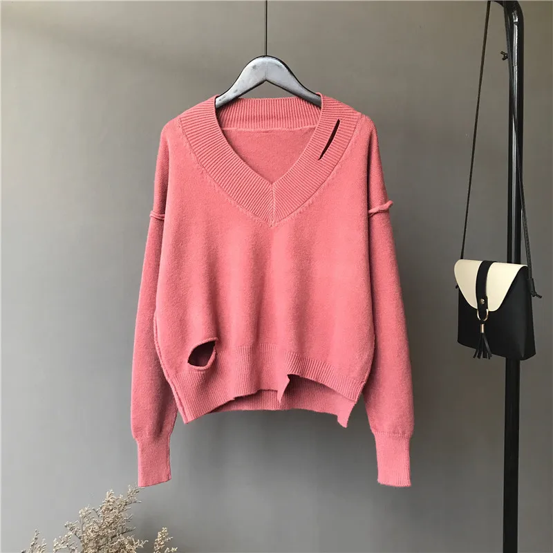 Rusanranz 2018 Autumn Winter Knitted Women Sweater V Collar Solid Color Pullover Jacket Loose Sweater Sweaters