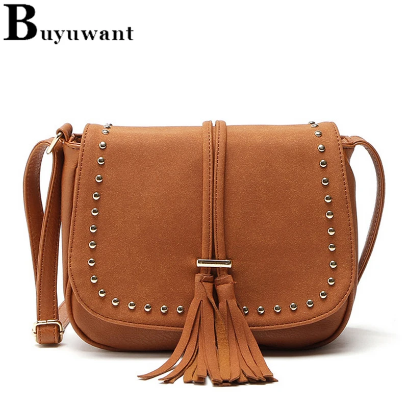 Buyuwant PU Shoulder bag European retro rivet satchel bag Designer