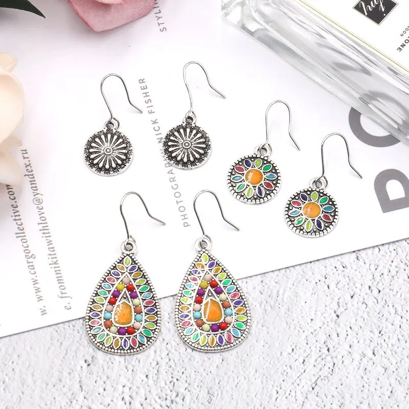 

3 Pairs/Set Vintage Bohemian Boho Ethnic Dangle Drop Earrings for Women Antique Water Drop Circle Earrings Jewelry Accessories