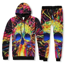 Лидер продаж, комплект из 2 предметов, мужские и женские повседневные спортивные костюмы, 3D принт, красочные черепа, модные толстовки с капюшоном+ штаны, толстовка, спортивный костюм