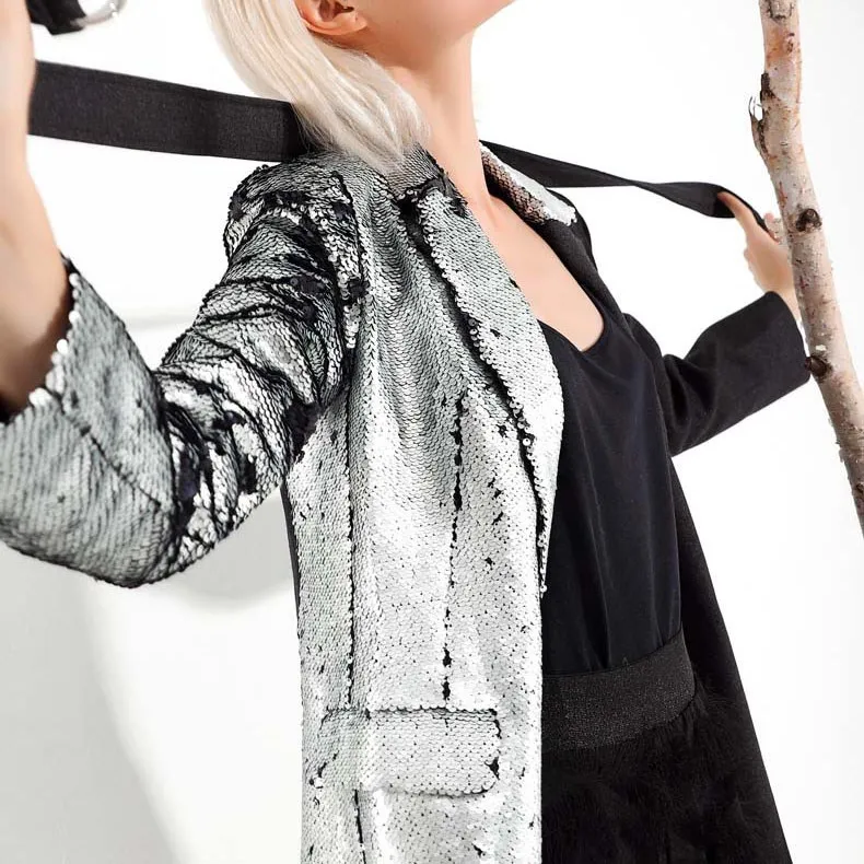 Collar Blazer Long Femmes Hiver Patchwork Sequin 2019 Manches Contraste Printemps Argent down Turn Pleine Couleurs Mode xwqzFXYXg