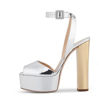 

2018 Silver Patent Leather High Heel Sandals Women Chunky Heel Ankle Buckle Strap Dress Shoes High Platform Champagne Pumps