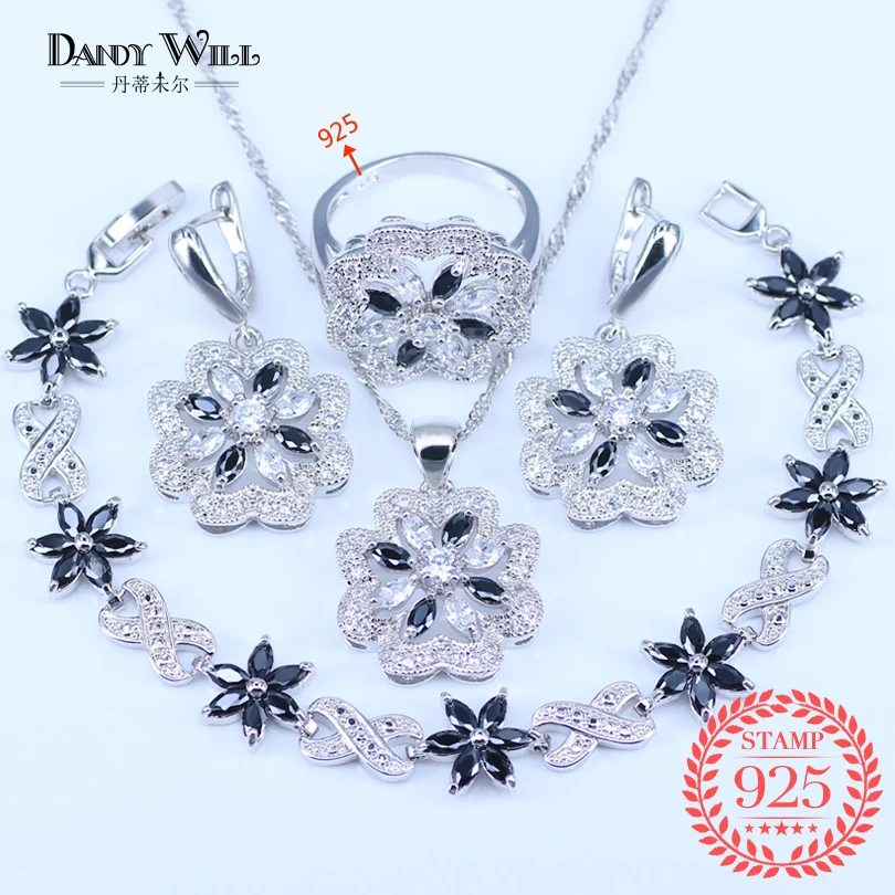 

Costume Silver 925 Stamp Silver Color Women Black Zircon Jewelery With Stones Earrings Bracelets Pendant Necklace Rings Set