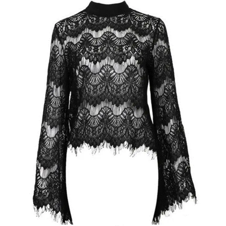 Large size 5xl female lace tops women openwork sexy long sleeve trumpet ...