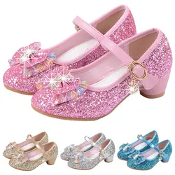 Модные модельные туфли для девочек; Блестящие Босоножки принцессы на среднем каблуке с блестками; летние вечерние танцевальные туфли с