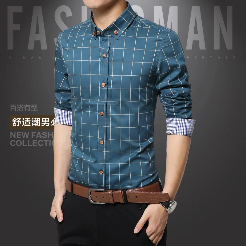 Мужские рубашки в клетку, Модные Стильные качественные мужские рубашки, Мужская брендовая одежда, повседневная рубашка Chemise Homme, большие M-5XL - Цвет: Lake blue
