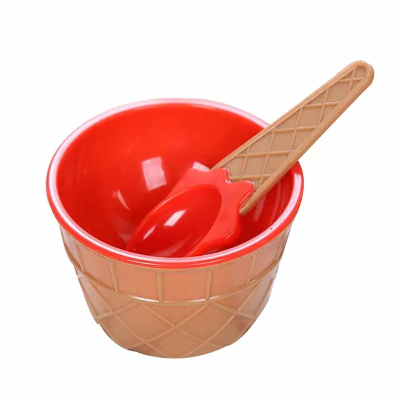 Миска для мороженого с ложкой, детская пластиковая миска для мороженого, набор ложек, прочные детские подарки, милая десертная чаша - Цвет: Красный