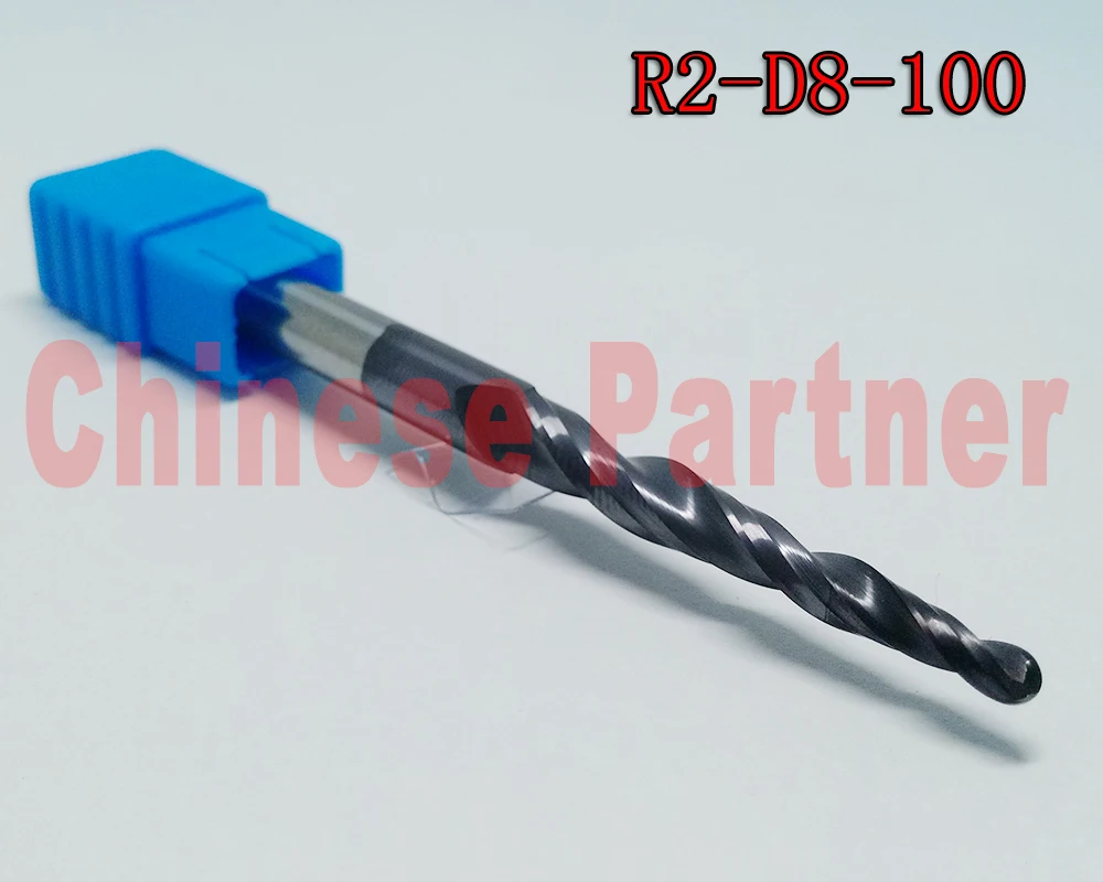 

2pcs/lot R2*D8*60*100L*2F HRC55 Tungsten solid carbide lengthen Tapered Ball Nose End Mills taper and cone milling cutter
