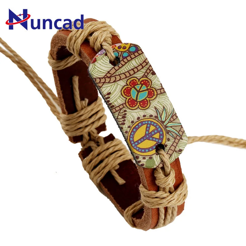 

2018 Punk New Cowhide Bracelet Genuine Leather Bracelet Men And Women Jewelry Pyrography Peace Symbol Bracelet