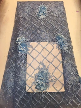 

High Quality Embroidered With Stones African Lace Fabric Sky Blue 3D Flower African Tulle Lace For Christmas Dress ZX31301