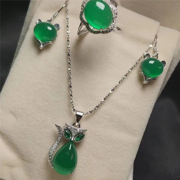 

Koraba 3pcs 925 Sterling Silver Natural Green Jade Gemstone Cat Pendant Necklace Bracelet Earrings Set Jewelry Set