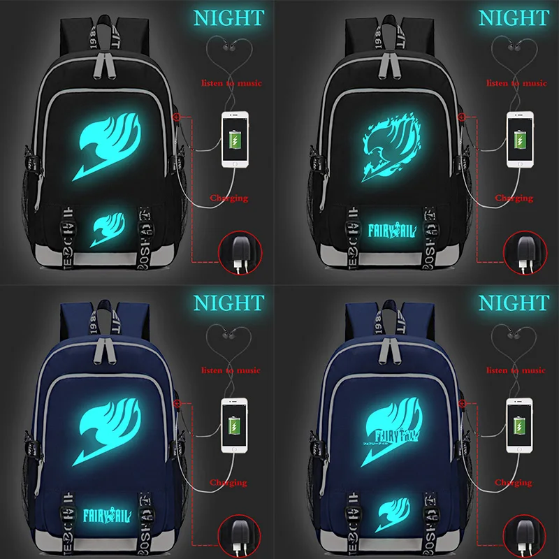 

FAIRY TAIL Luminous USB Charge Backpack High Quality Men Women Boys Girls School Backpacks Beautiful School Bags