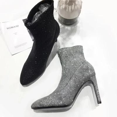 

Aphixta Autumn Winter Women Boots bling bling Sequined Cloth Mid-Calf Silver Black Stretch Fabric Socks Square Heel Ladies Shoe