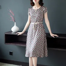 #0141 Summer Silk Dress For Women Short Sleeve O-neck Dresses Female Printed Slim Casual Dress In Women Tunic Clothing Plus Size fashionable round neck short sleeve plus size printed dress for women