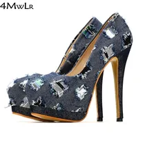 2016 check plaid patchwork ripped holes denim canvas concealed platform stilettos pumps casual sport pumps oxford shoes clubwear