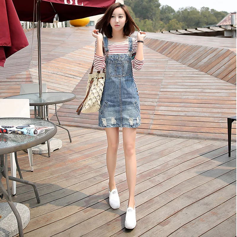 2018 New Women Strap Dress Girl Sweet Hole Denim Spring Summer Style Hollow Out Jeans Short Dressess Fashion Big Pocket | Женская одежда