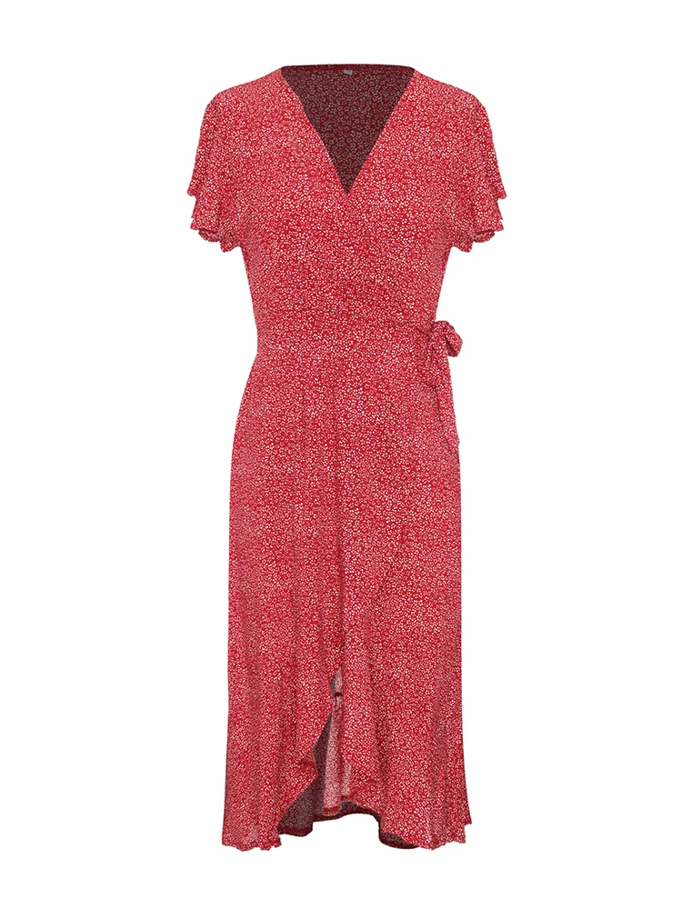 Сексуальные летние женские платья с оборками, красное платье макси в горошек с коротким рукавом и v-образным вырезом, асимметричное пляжное платье в стиле бохо для женщин