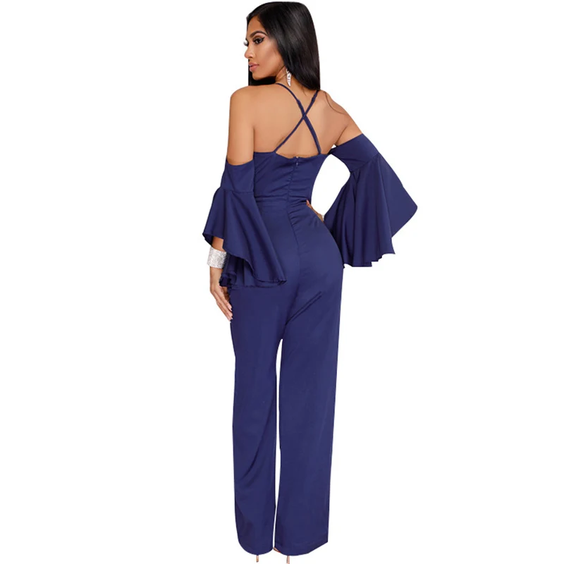 Black Blue Red Flare Long Sleeve Jumpsuit 2018 Women Streetwear Plus Size High Waist Deep V Neck Off Shoulder Party Jumpsuit (3)