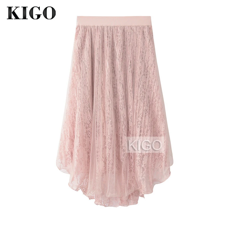 

Women Flower Lace Skirt Elastic Waist Pleated Mesh Skirt High Waist Casual Midi Skirt Jupe Tulle Femme 2018 KF1244H