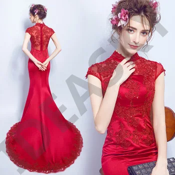 plus size cheongsam chinese style traditional embroidery 2017 women long lace red wedding qipao dresses high quality mermaid