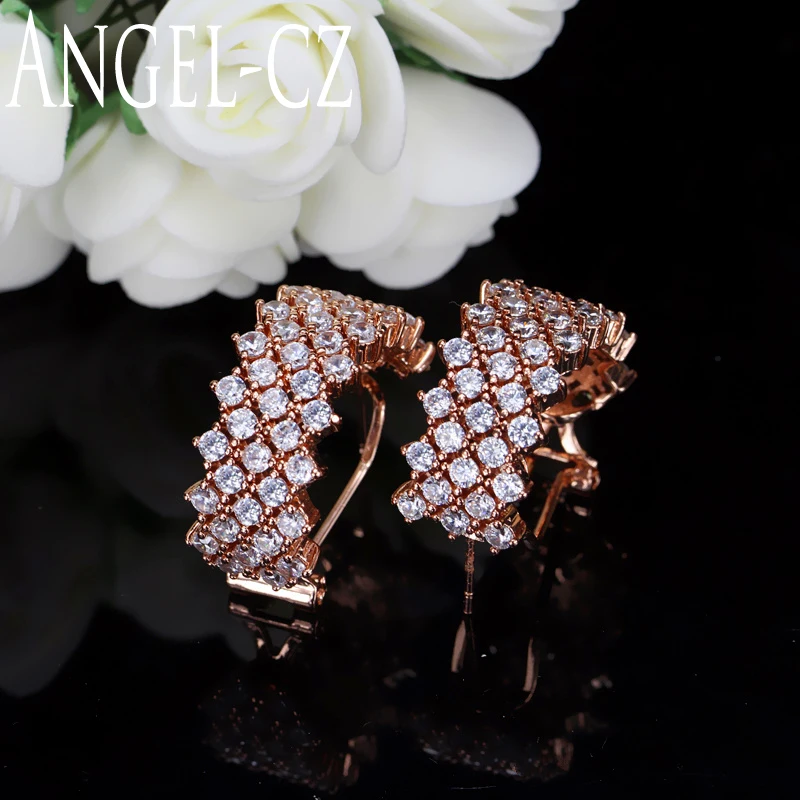 

ANGELCZ Luxury Quality Austrian White Crystal Pave Rose Gold Color Semi-circle Stud Earrings Women Fashion Style Jewelry AE063