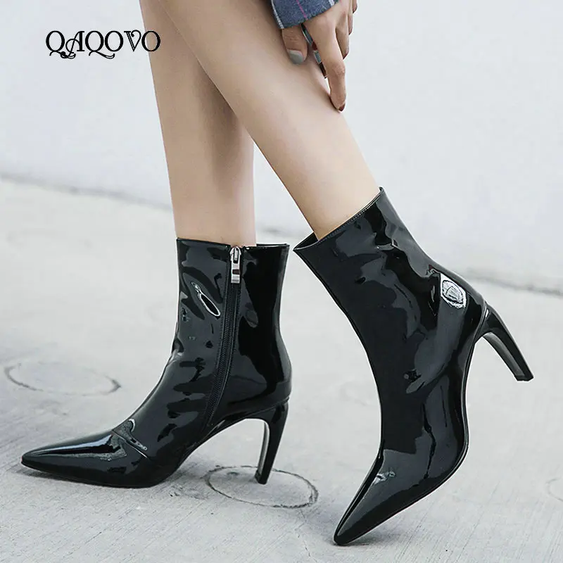 

Women Genuine Leather Booties Square High Heel Ankle Boots Fashion Zipper Boots Fall Winter Pointed Toe Women Boots Black White