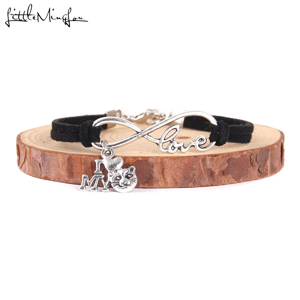 

Little Minglou Infinity love pet animal i love my cat charm pendant bracelet wrap punk men bracelets & bangles for women