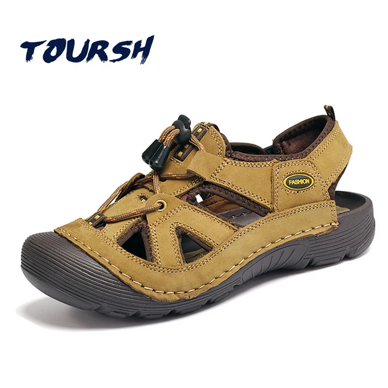

TOURSH Genuine Leather Outdoor Sandals Shoes Waterproof Summer Shoes Mens Walking Trekking Shoes Beach Summer Sandals Men Size10