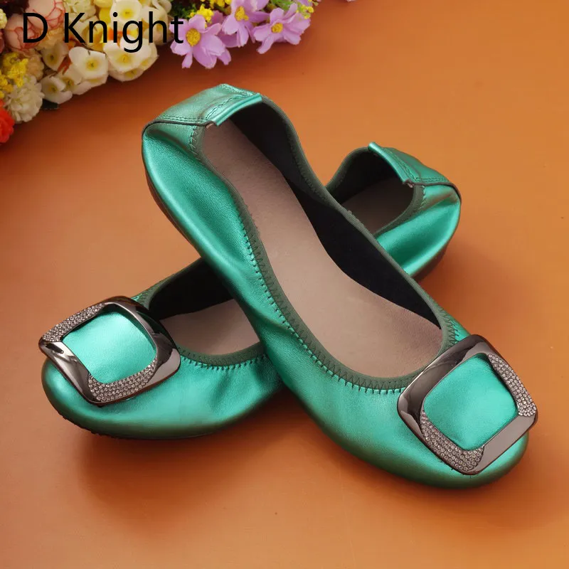 Comfortab Women's Flat Shoes Large Size 12 Genuine Ballet Leather Footwear for Women Csytal Metal Decoration Female Loafer Shoes (8)