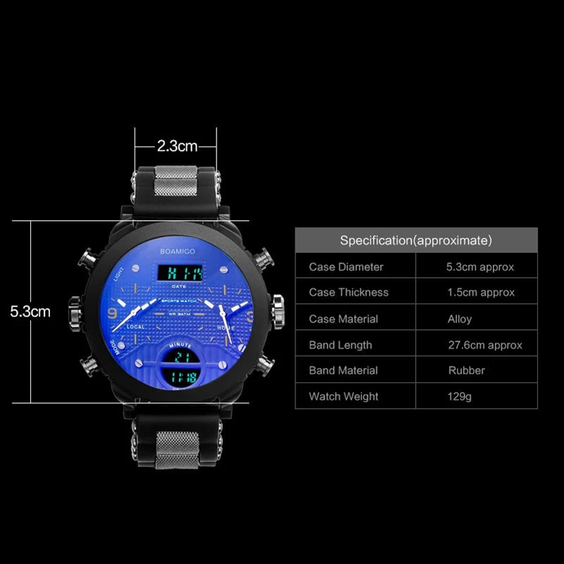 Спорт Boamigo Для мужчин Водонепроницаемый часы 3 часовой пояс спортивные часы мужской светодиодный цифровой Кварцевые наручные часы