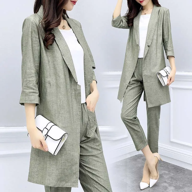 Ellacey Cotton Linen Blazer Pant Suits Women's 2019 Spring Fashion Two-piece Suit Office Ladies Elegant 2 Pieces Pants Suit