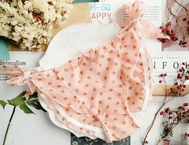 

100% Real Photos M L Lovely Cute Lolita Kawaii Princess Side Tie Solid Dots Chiffon Panties Underwear Brief Thong WP518