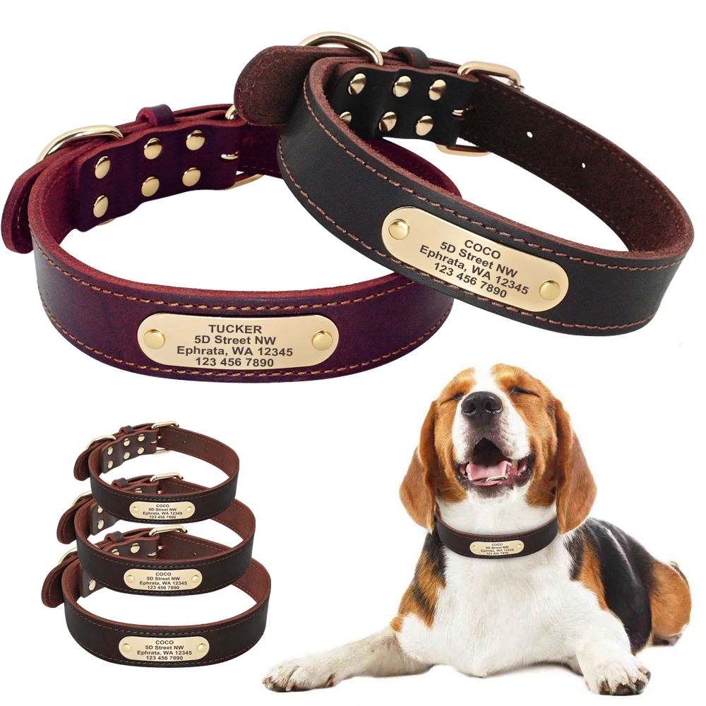 Real Leather Medium Large Dog Collars Customized Personalized Pet Name ID Brown 