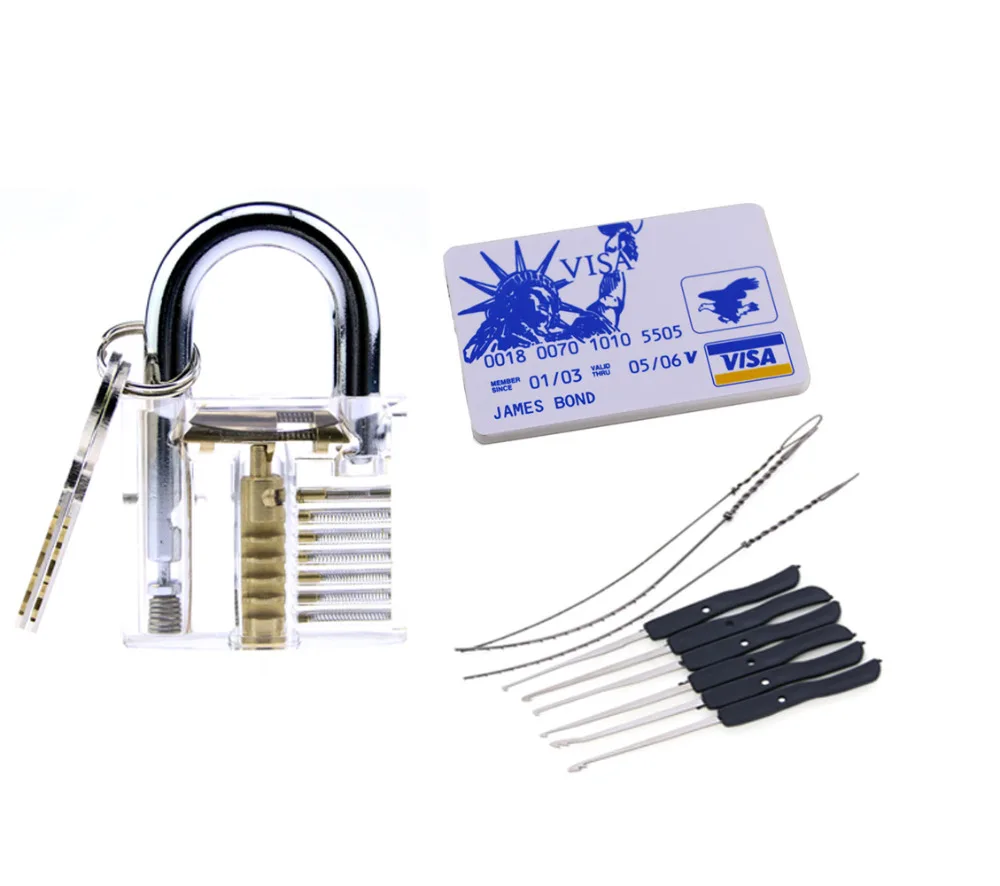 

Hot! Free Shipping 3 in 1 Locksmith Useful and Cheap Tools Kit,James Card ,Transparent Training Lock,10pcs Broken Key Extractor